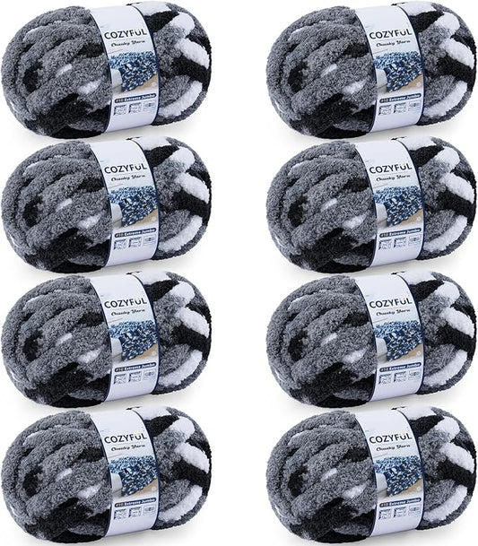 Cozyful Chunky Yarn for Hand Knitting - #10 Chunky Chenille Blanket Yarn, Jumbo Big Thick Chunky Yarns for Crocheting, Tie Dye Bulky Knit Yarns, 8 Skein (20 yds 8 oz Each Skein), Black & Grey & White
