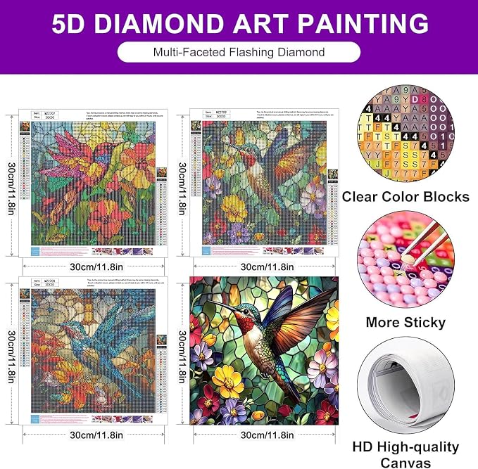 Diamond Art Kits for Adults, 3 Packs Hummingbird Diamond Art Painting Kits