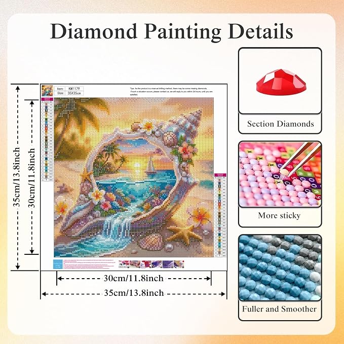 5D Seashell Beach Diamond Art kits for Adults Beginners 13.8x13.8 Inch | Ocean Sunset Diamond Painting Kit, DIY Full Round Drill Paint by Diamonds Dot Gem Art for Adult, Home Wall Decor