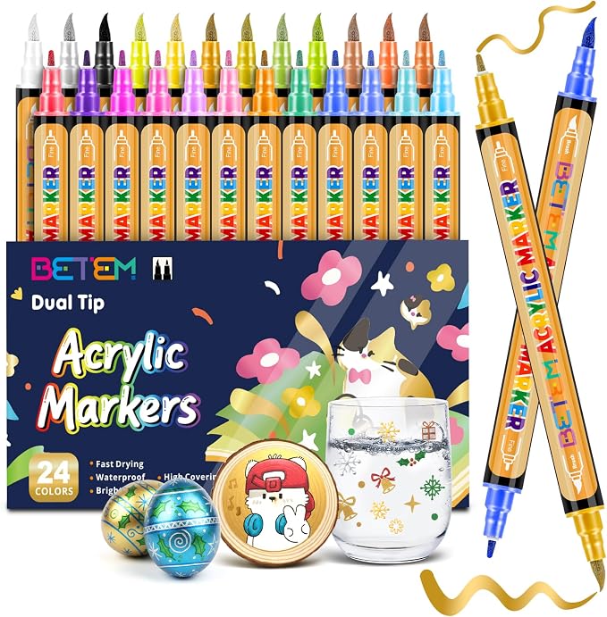 Betem 24 Metallic Paint Markers for Glass, Dual Tip Acrylic Paint Pens | Window, Fabric, Wood, Rock, Canvas, Acrylic Markers with Fine & Brush Tip, Art & Craft Supplies, Wine Glass Markers