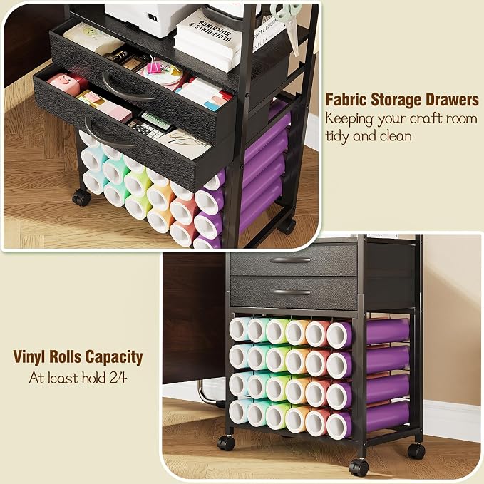 VENNQD Organizer and Storage Stand Compatible with Cricut Machines, Rolling Storage Cart/Shelf with 24 Vinyl Roll Holders, 2 Fabric Drawer, Accessories Holder, Tool Hook for Craft Room Home (Black)