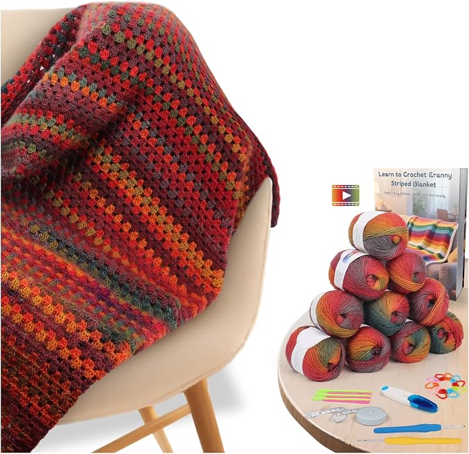 Aeelike Crochet Blanket Kit for Adults Advanced,Ombre Red Vintage Craft Kit