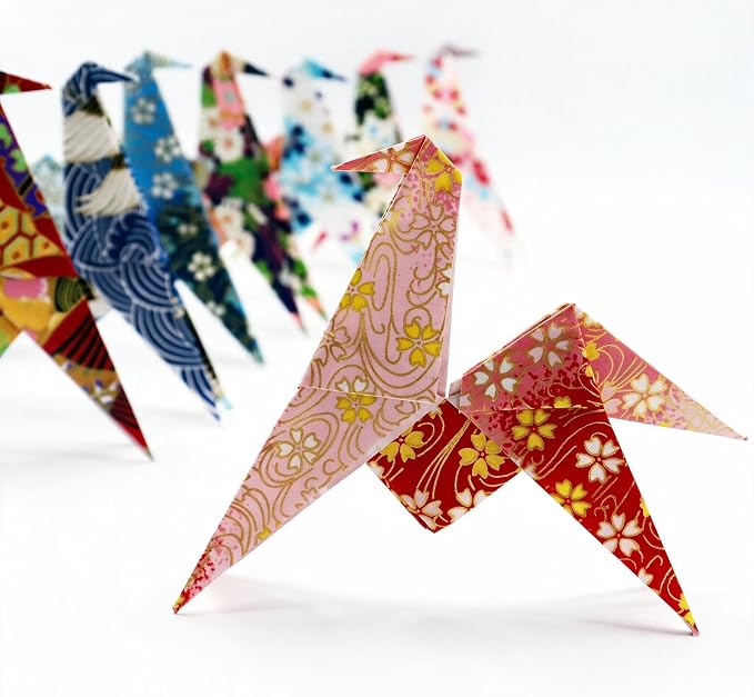 Colorful Origami Horses Set - 16 Pcs 8 - Color Mixed, Handmade with Hard Yuzen Paper, 4.72×3.94 Inches, Ideal for Desk Decor & Gifts