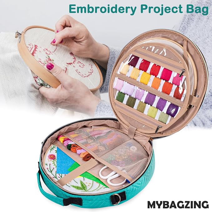 MYBAGZING | Round Embroidery Bag - Storage Organizer with Multiple Pockets for Cross Stitch & Embroidery Kits