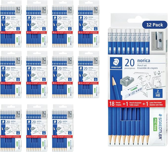 STAEDTLER Norica #2 HB Wood-Cased Pencil Set, 12 Pack, 216 Graphite Pencils | Pre-Sharpened, 12 sharpeners, 12 erasers, Break-Resistant Lead