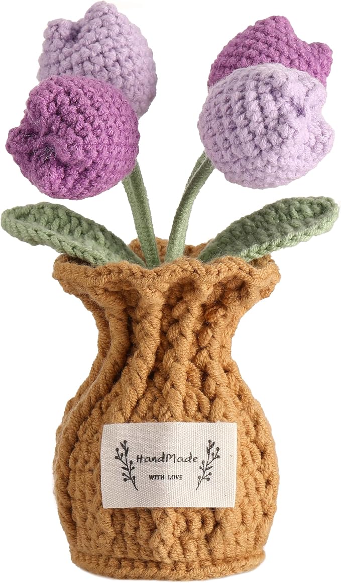 Tulip Crochet Flower Potted Plant Handmade Desk Decor Gift