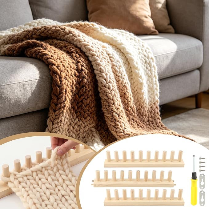 Hulvargont 46" Extra-Large Chunky Wooden Blanket Loom, Adjustable Frame Knitting Looms Kit, Chunky Knit Blanket Maker Kit for DIY Yarn Craft, Home Decor, Stress Relief, Beginner Friendly