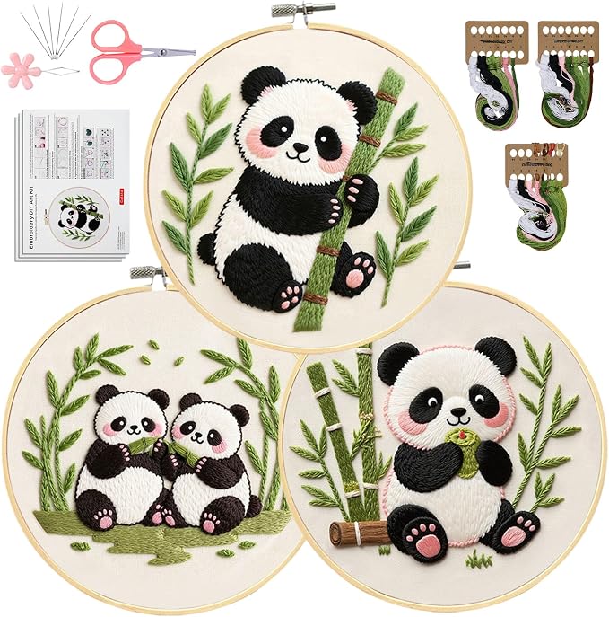 Santune Beginners Embroidery Kit for Adult Needlepoint Cross Stitch Kits Needle Point Sets with Panda Embroidery Patterns, Includes Step-By-Step Instructions and Accessories