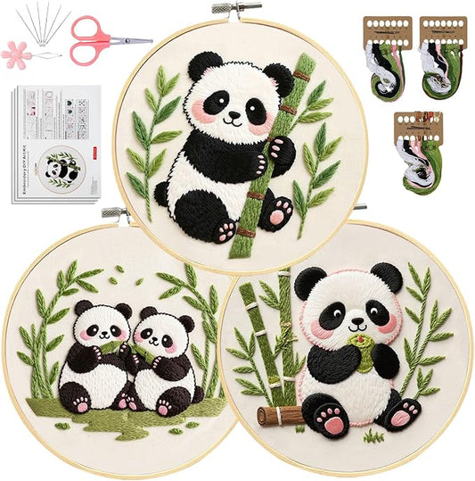 Santune Beginners Embroidery Kit for Adult Needlepoint Cross Stitch Kits Needle Point Sets with Panda Embroidery Patterns, Includes Step-By-Step Instructions and Accessories