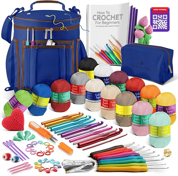 Crochet Kit for Beginners Adults and Kids - Beginner Crochet Kit for Adults with Step-by-Step Video Tutorials, Amigurumi and Crocheting Kit, Crochet Starter Kit with Soft Crochet Yarn and Crochet Bag