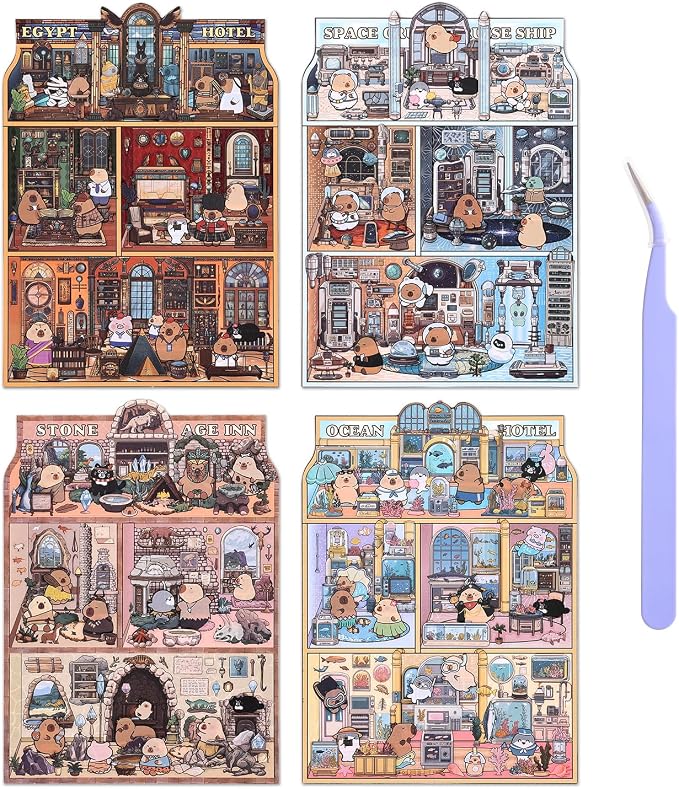 Girls 3D Miniature Scene Stickers,4 Sets Visit the Store DIY House Stickers for Space Cruise,Ocean Hotel,Egypt Hotel,Stone Age,Cute 3D Cartoon Sticker Scenes for Adult Kids Relief Stress Pass The Time