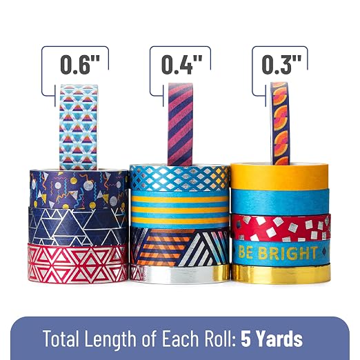 Mr. Pen- Washi Tape Set, 15 Rolls, Assorted Sizes, Metallic Foil | 5 Yards/Roll, Washi Tape for Scrapbook, Arts, Crafts, Journals and Planners, Geometric Groove