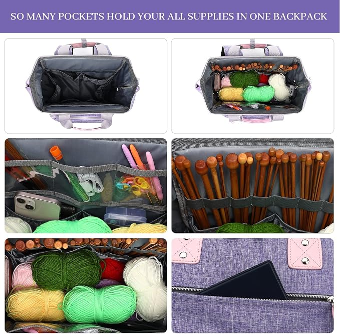 LTINVECK Knitting Bag Backpack,Yarn Storage Organizer Travel Crochet Bag,Large Capacity Tote Bag Yarn Holder Case for Carrying Projects, Knitting Needles, Crochet Hooks,Purple