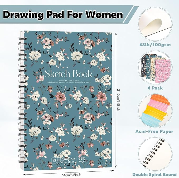 4 Pack Sketch Book, 5.5 × 8.5 in, Spiral Bound, 30 Sheets, Acid Free | 100gsm 68lb Paper, Hardcover with Rigid Backboard, Lay-Flat Top Spiral, for Sketching, Drawing, Journaling, Travel