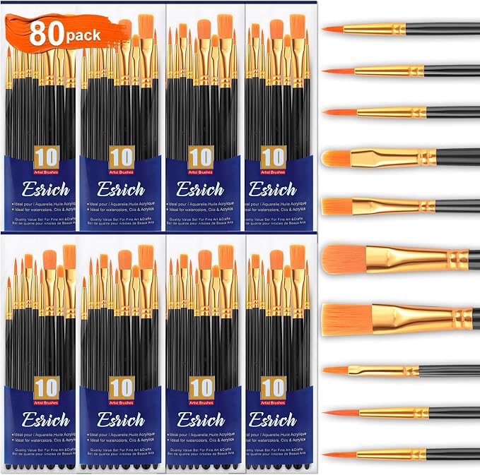 ESRICH 80PCS Paint Brushes, Paint Brush for Acrylic Painting | Artist Paintbrushes for Oil Watercolor, Body Face Rock Canvas, Small Paint Brushes for Kids, Black