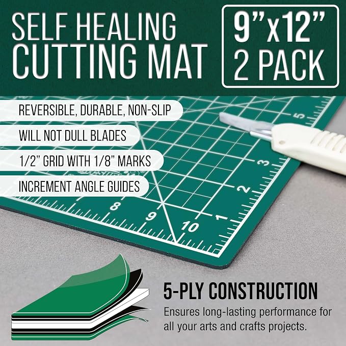 U.S. Art Supply 9"x12" Self-Healing Cutting Mat 5-Ply (2 Pack) Green/Black | Double-Sided Green/Black Craft Mat, Non-Slip Cutting Mats for Crafts, Sewing, Quilting, Scrapbooking