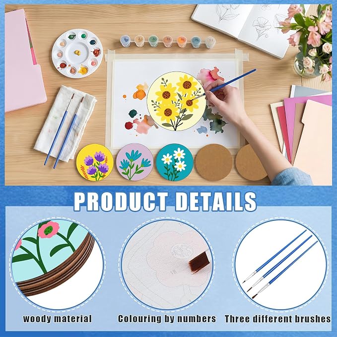 8 Pack Floral Paint by Numbers Kits Coasters with Holder Cork Pads | Flowers Paint by Number Kits for Adults Simple Round Oil Painting Coaster for Small DIY Craft Holiday Birthday Gift 3.9x3.9in