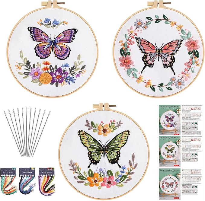 GLTAYLMY Butterfly Embroidery Kit for Beginners Adults, 3 Sets Hand Embroidery Starter Kit with Flower Pattern and Instructions Stamped Cross Stitch Kits Include Embroidery Hoop Needles Threads