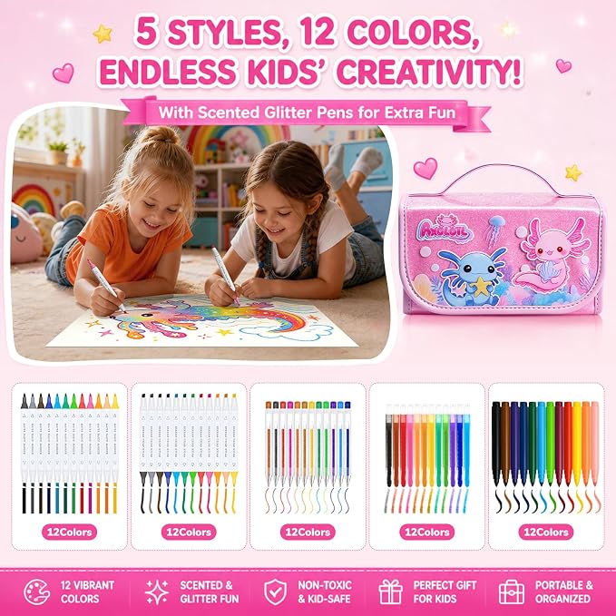 DreamyCandy 70 Pcs Washable Markers Set for Kids 4-8, Axolotl Art Set Gifts