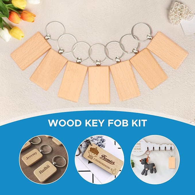 OMTech Wooden Keychain Blanks, Wood Key Chain Bulk, Unfinished Wooden Key Rings Key Tags for Laser Engraving DIY Craft Gift
