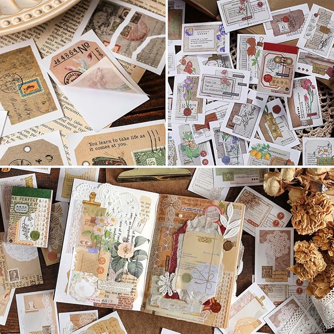 PRSTINCOL Washi Stickers Book, 6 Sets 300 Pcs | Vintage Aesthetic Sticker Set, Journaling Scrapbook Decoration Bullet Journal, Stamps Flowers Ticket Theme