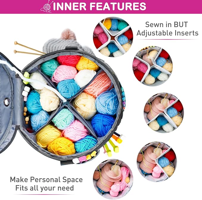 MYBAGZING Expandable Yarn Storage Organizer, Crochet Bag & Yarn Tote with Zipper Closure, Yarn Holder for Crocheting and Knitting for Yarn Skeins, Hooks, Needles,Accessories – Gift for Crafters