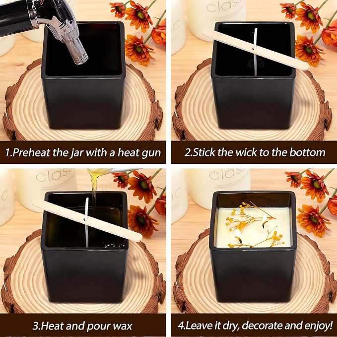 CONNOO 12 Pack 9oz Matte Black Glass Square Candle Jars with Bamboo Lids