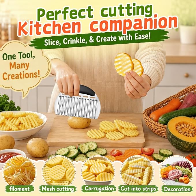 JAYVAR Large Crinkle Cutter French Fry Cutter, Stainless Steel Wavy Slicer