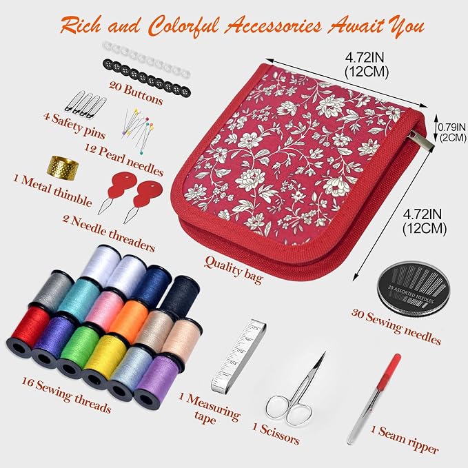 Sewing Kit Gifts for Grandma, Mom, Friend, Traveler, Adults, Beginner, Emergency,Sewing Supplies Accessories with Scissors,Sewing Needles Thimble, Thread,Tape Measure etc(Wildflower red, S)