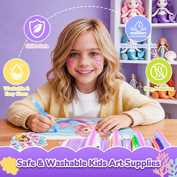 DreamyCandy 70 Pcs Washable Markers Set for Kids 4-8, Mermaid Art Set Gifts