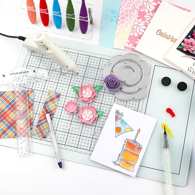 2PcsMagnetic Glass Craft Mat and Non-Stick Craft Mat Set Heat Resistant Glass Media Cutting Mat W/Magnets Gridlines and Measurements; for Stamping, Ink Blending, Stenciling Scrapbooking Craft Project