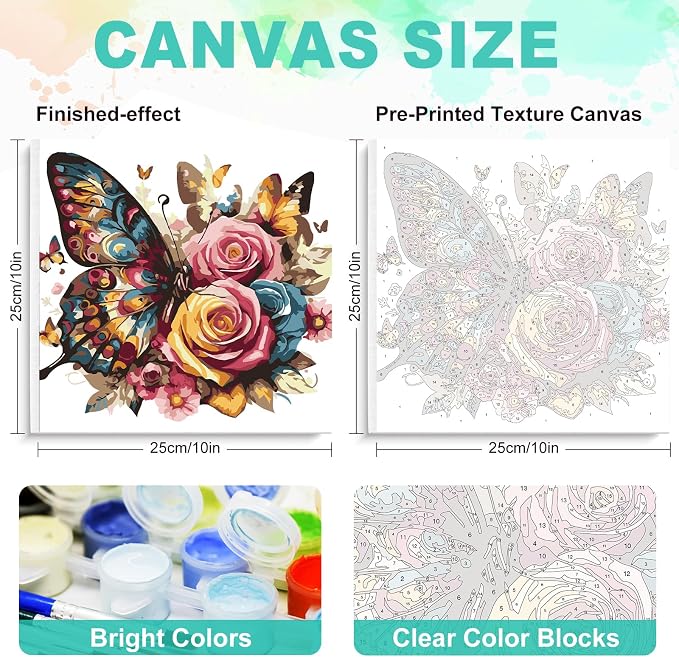Framed Paint by Numbers Kit for Adults, Butterfly & Roses, 10 x 10 Inch | DIY Adult Paint by Number Kit for Beginners, Floral Wall Decor, Stress Relief Craft Gift, Creative Hobby
