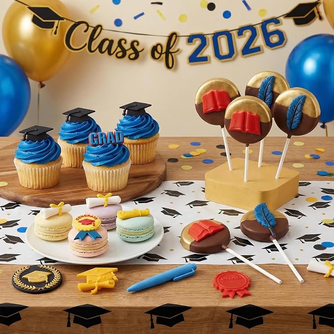 Sakolla 2 Pack 2026 Graduation Candy Chocolate Molds, Doctoral Cap Diploma Scroll Badge Pen Shape Fondant Silicone Molds for Party Cake Decoration（Mini/Grey）