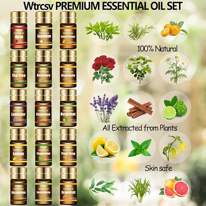 Essential Oils Set - Top 15 Scents for Diffuser, Humidifier, Skin Care, Aromatherapy, Massage, Candle & Soap Making - Fragrance Gift Set (5ml)