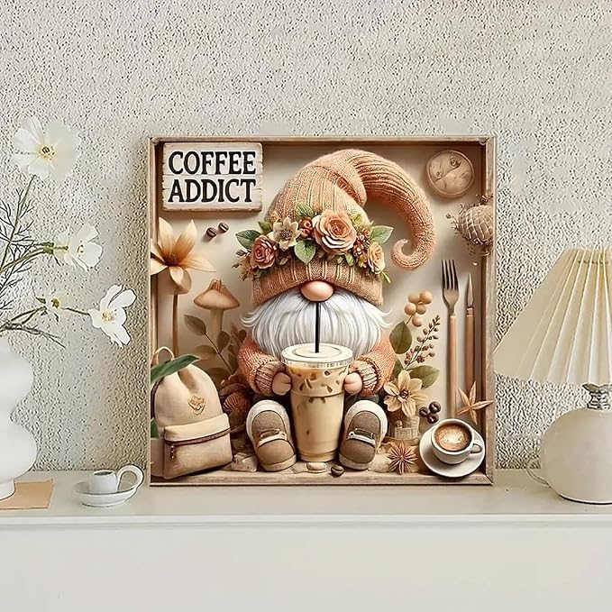 Diamond Art Kits for Adults,Gnome Drinks Coffee 5D Diamond Painting | 5D DIY Full Round Gem Crystal Art Paint by Diamond, Home Wall Decor 14x 14 in