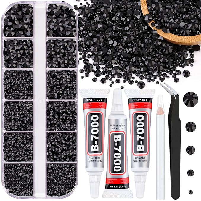 Resin Jelly Rhinestones for Crafting with B7000 Jewelry Glue, 1 Box Black Flatback Crystal with 3Pcs 10ml Glue, Bedazzling Non Hotfix Gems for DIY Tumblers Clothing Shoes Manicure