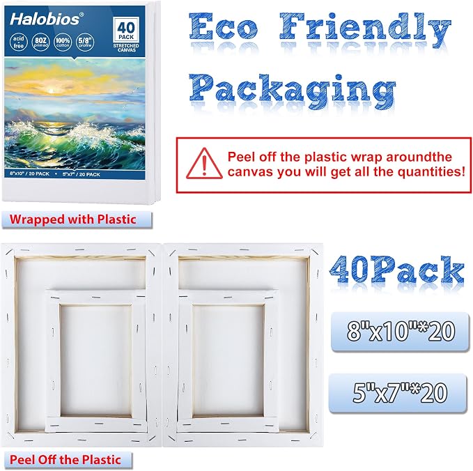 Halobios Blank Canvas for Painting, Bulk Pack of 40-8x10 inches, 5x7inch(20 of Each), 100% Cotton, Primed, 5/8 Inch Profile of Super Value Canvas Pack for Acrylics, Oils & Other Painting Media