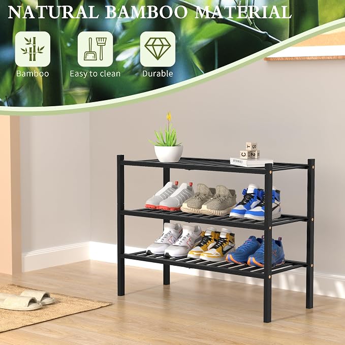 ROMGUAR CRAFT 3 Tier Bamboo Shoe Rack for Closet Free Standing Wood Shoe Shelf Storage Organizer for Entryway Small Space Stackable 27"x11"x20" (Black) (Pack of 2)
