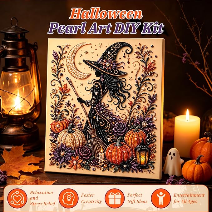 Halloween Ghost Pearl Art DIY Kit,Cute 3D Pearl Mosaic Craft Set for Adults & Beginners,Spooky Ghost Pumpkin Canvas Art for Fall Home Decor,Wall Art for Gift