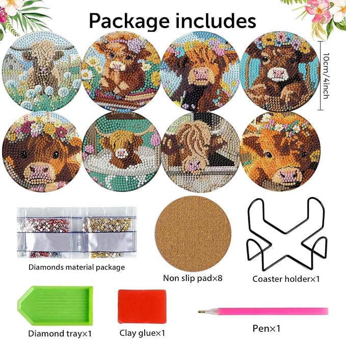 mrpwnle 8 Pcs Diamond Art Coasters Kits, Cow Diamond Painting Coasters Kits