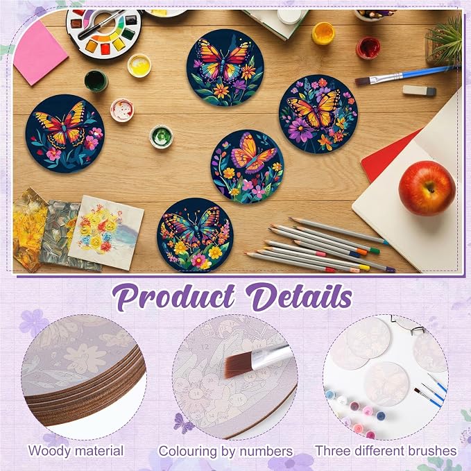 Reallnaive 8 Pcs Butterfly Flower Paint by Numbers Kit Coaster for Adults | Mini Paint by Numbers, Tiny Floral Round Oil Painting Drink Coaster with Holder, for Small DIY Craft Birthday Gift