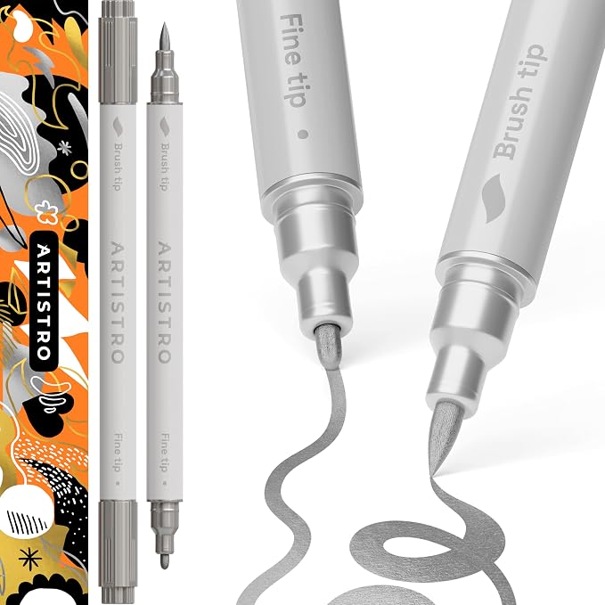 ARTISTRO Silver Dual-Tip Acrylic Paint Pens - Set of 2 | 1mm Fine & Brush Tips, Multisurface Markers, Perfect for Glass, Rock, Fabric, Wood, Plastic, & More