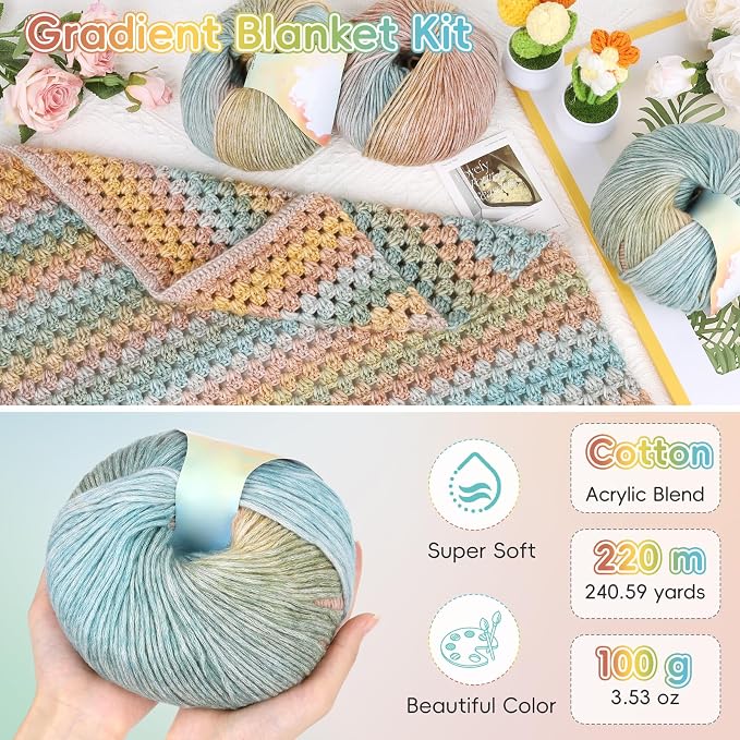 Aeelike Crochet Blanket Kit for Beginner Easy Crochet Kit, Classic Gradient