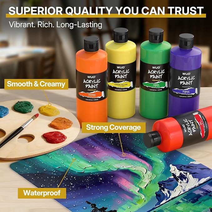 WUO 24 Colors Acrylic Paint Set, 250ml/8.45oz Professional Acrylic Paint | Large Bulk Rich Pigment Non-Toxic Multi-Surface Art Supplies for Artists Beginners Adults on Canvas Wood Rock Ceramic Crafts