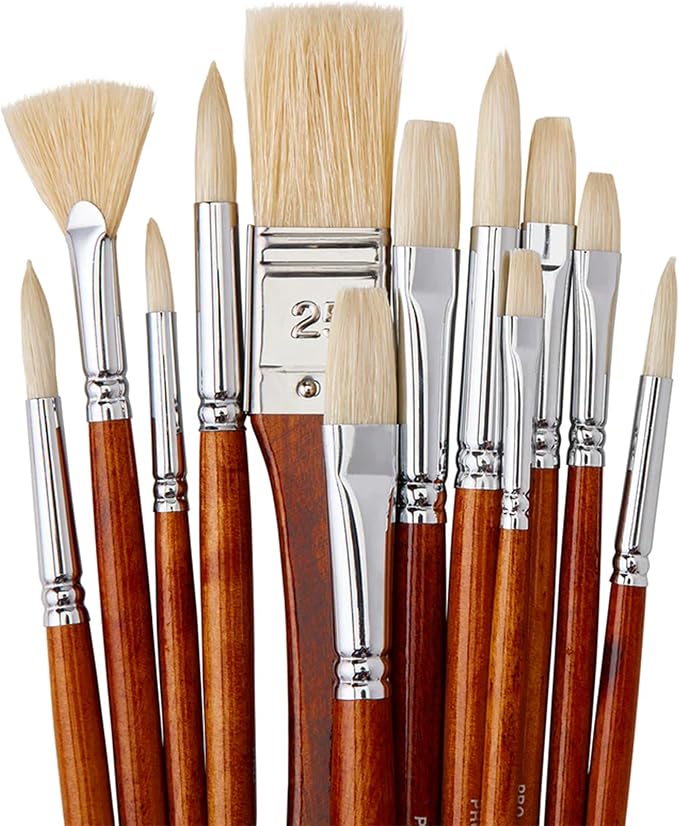 KINGART® PRO Long Handle Natural Hog Bristle Brushes, Oil & Acrylic Painting, Storage Case, Set of 12