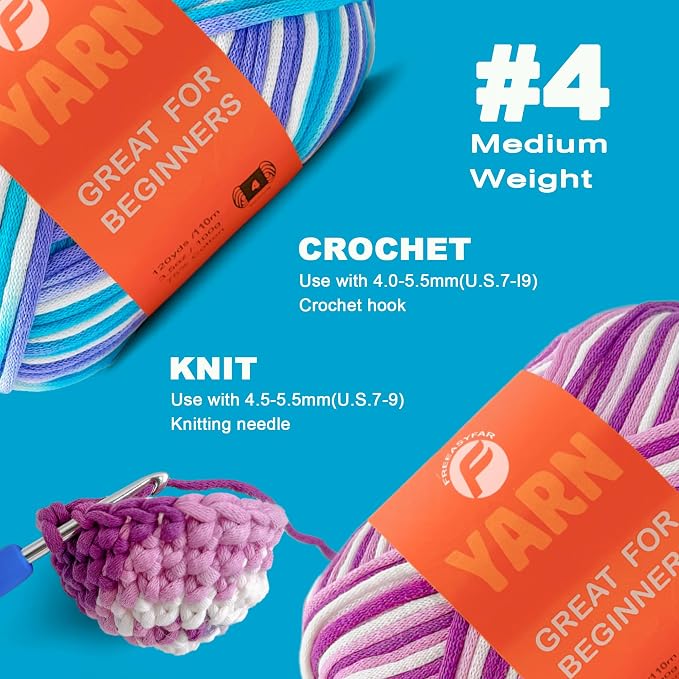 2x3.5Oz Beginner-Friendly Yarn for Crocheting and Knitting;Worsted-Weight Medium #4;Cotton Blend Yarn for Beginners with Easy-to-See Sitches,Great for Amigurumi DIY (Azure Waves+Lavender)