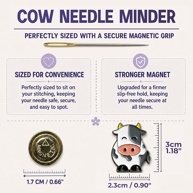 The Quilted Bear Magnetic Needle Minder, Cow | Enamel Needle Keeper for Embroidery & Cross Stitch, Secure Holder for Sewing Needles & Pins, Strong Magnet, Sewing Accessory