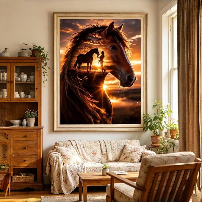 BYGFHLYW Horse Sunset Diamond Painting Kit for Adults, Diamond Art 12X16In | 5D Full Round Drill Diomond Dot Gem Painting for Country Farm Wall Decor Present