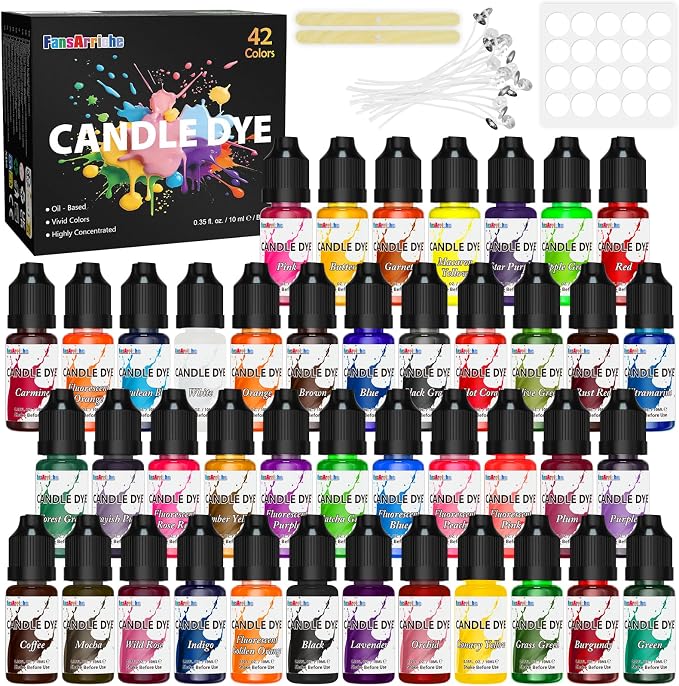 FansArriche Candle Dye - 42 Colors Liquid Oil-Based Dye for Candle Wax | Highly Concentrated, Natural Candle Color for DIY Candle Making