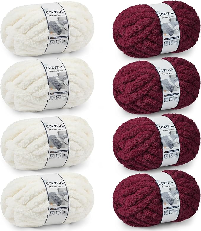 Cozyful Chunky Yarn for Hand Knitting - #10 Chunky Chenille Yarn, Jumbo Big Thick Chunky Yarns for Crocheting, Super Bulky Chunky Knit Blanket Yarns, 8 Skein (22yd, 8oz/Skein), Cream & Wine
